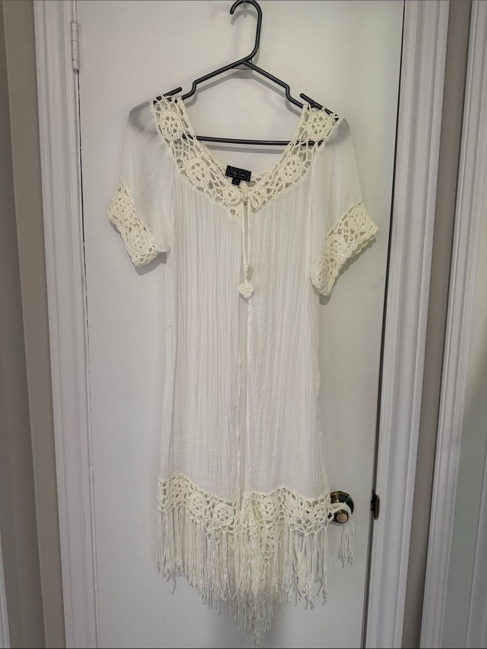 Cream Crochet-Trim Midi Dress with Fringe